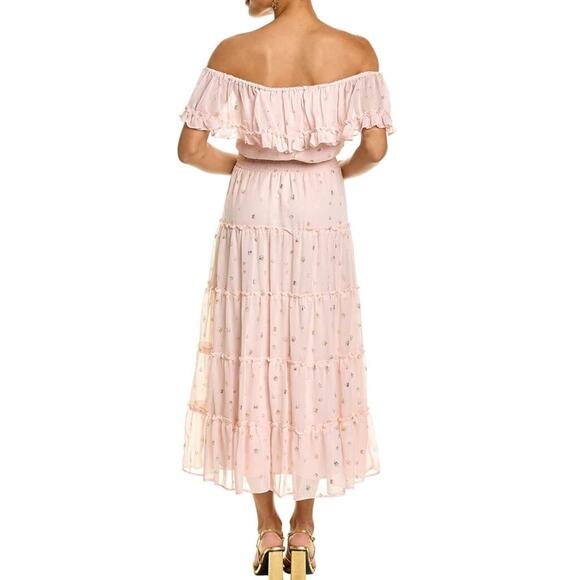 Vince Camuto Foiled Tiered Off-The-Shoulder Maxi Dress Rose Pink Size Medium NEW - Picture 2 of 12